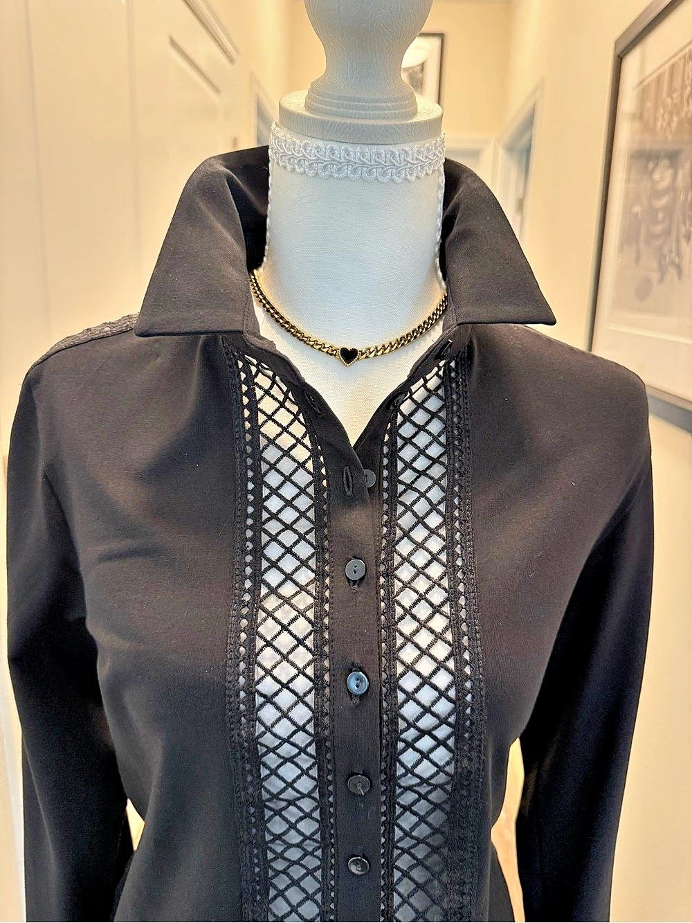 Anne Fontaine Lucinda Black Lace Panel Button Down Size 44 NWT